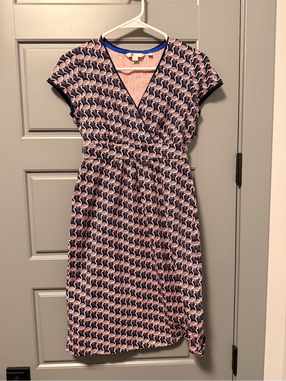 Boden Pink and Navy Flamingo Jersey Faux-Wrap Dress 4R